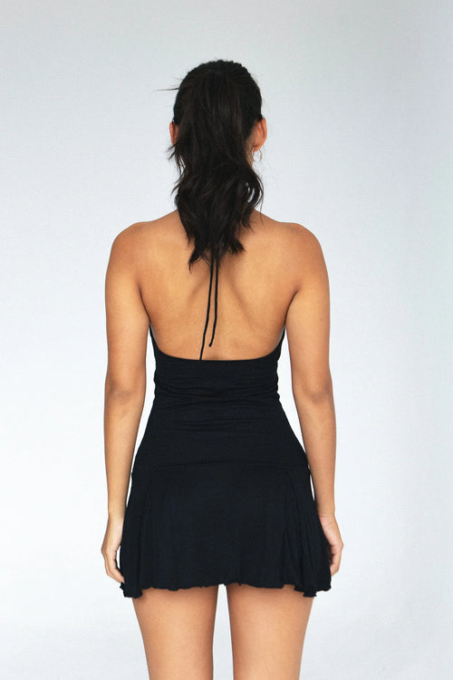 Indah Scarlette Emboidered Halter Mini Dress Black