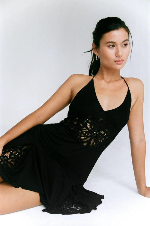 Indah Scarlette Emboidered Halter Mini Dress Black