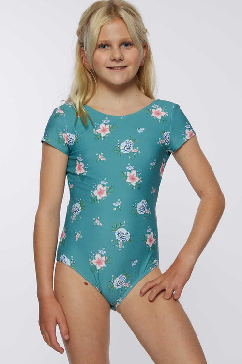 O'Neill Girls Chan Floral Short Sleeve Tie Back One Piece Teal